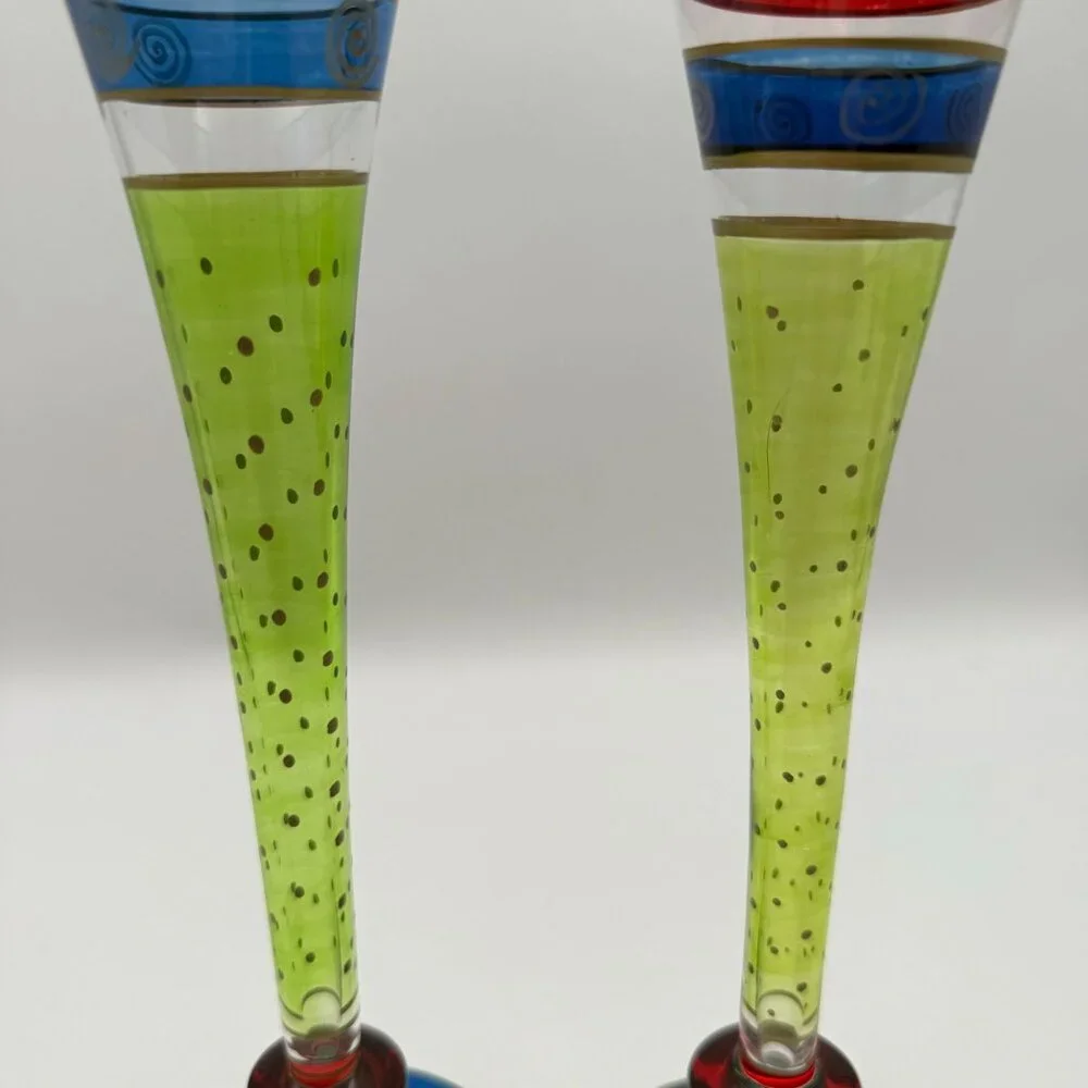 Vtg Pier 1 Handpainted Fluted Champagne Glasses (2) Vibrant Design Discontinued